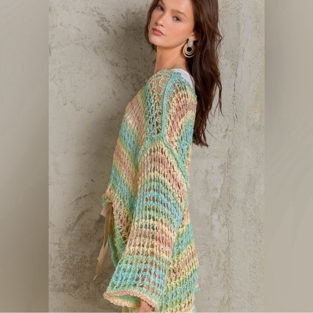 POL Colorful Crochet Open Knit Sweater | Vibrant Layering Top - Picture 4 of 5